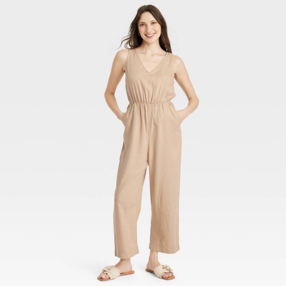 Universal Thread Womens Linen
Sleeveless Open Back Jumpsuit Tan S - Picture 3 of 4
